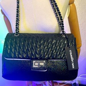 Karl Lagerfeld Paris Logo GLOSSY BLACK SNAKE Handbag/Shoulder NEW AUTHENTIC Bag